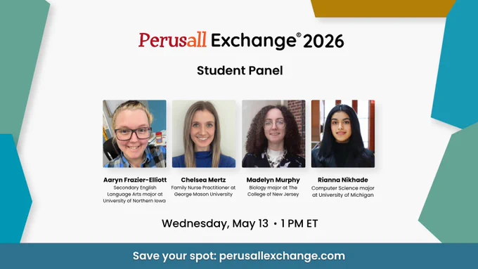 Perusall Exchange 2026 Student panel featuring students from University of Northern Iowa, George Mason University, The College of New Jersey, and University of Michigan