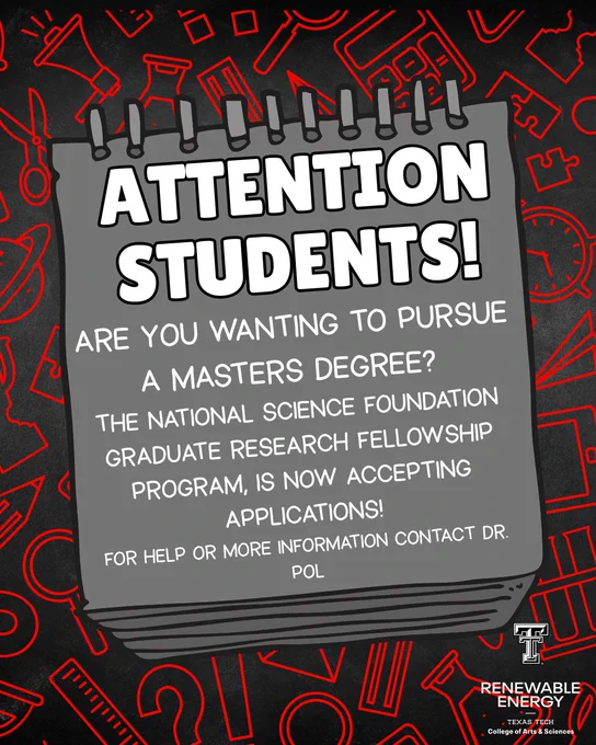 Notepad with bold text inviting students to apply for the National Science Foundation Graduate Research Fellowship for master's degrees.