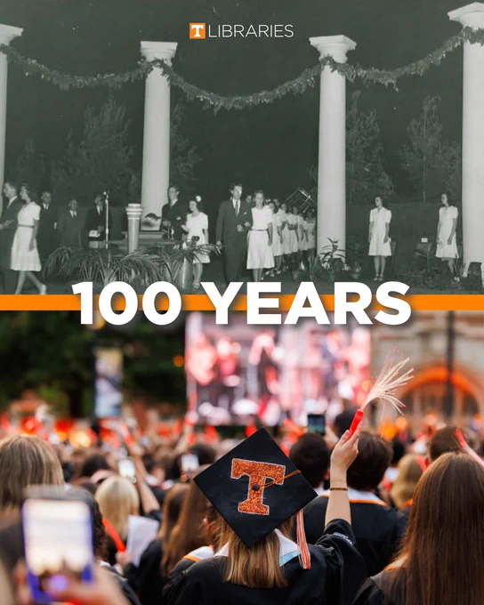Black-and-white historical Torch Night photo above a modern photo of UT graduates gathered with candles during the 100th annual Torch Night ceremony.