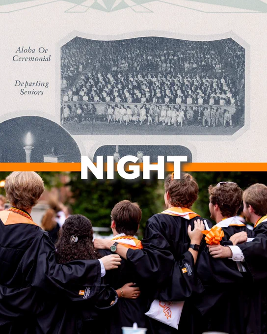 Historical Aloha Oe and departing seniors yearbook photo above a modern photo of UT graduates standing together with their arms around each other during Torch Night.