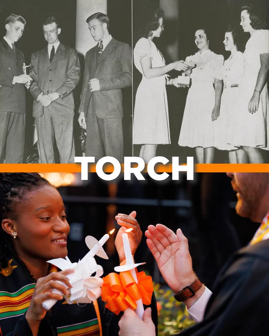 Historical Torch Night photos above a modern photo of graduates lighting ceremonial candles during Torch Night.