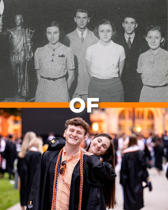 Black-and-white historical photo of early Torch Night participants above a modern photo of two graduates smiling together at Torch Night.