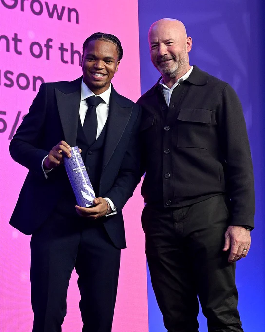 Photography of Rio Ngumoha with Alan Shearer as he received the Premier League Home Grown Debutant of the Season award.