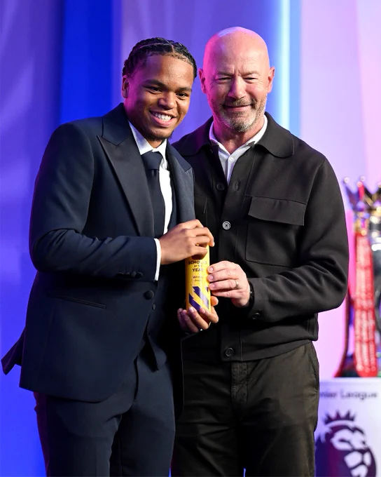 Photography of Rio Ngumoha with Alan Shearer as he received the Premier League Scholar of the Year award.
