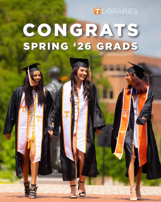 Three UT graduates wearing caps and gowns walk together on campus beneath text that reads “Congrats Spring ’26 Grads.”