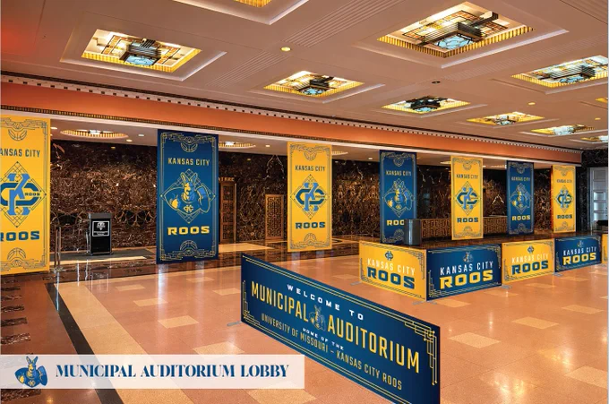 Rendering of the lobby area in Municipal Auditorium, showing Kansas City Roos signage and large banners.