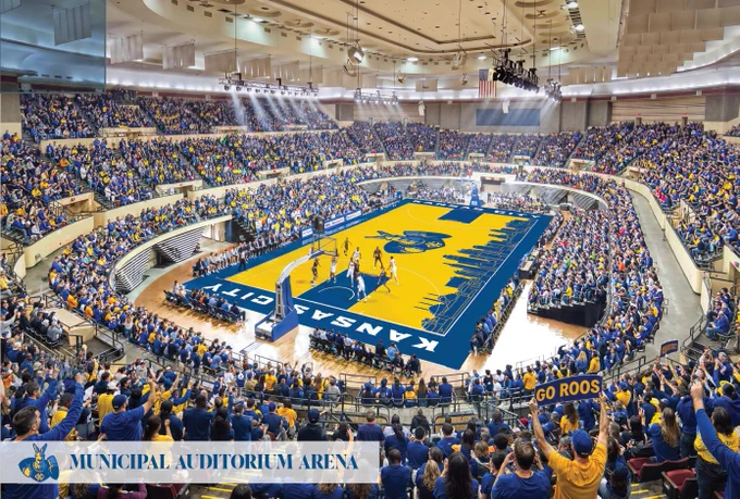 Rendering of the court and seating at Municipal Auditorium, showing a packed crowd watching a Kansas City Roos basketball game.
