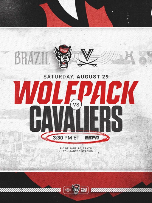 Graphic announcing an international college football matchup between NC State Wolfpack Football and Virginia Cavaliers Football. The graphic features NC State and Virginia logos above large text reading “Wolfpack vs Cavaliers.” Game details list Saturday, August 29 at 3:30 PM ET on ESPN. The game will be played in Rio de Janeiro, Brazil at Nilton Santos Stadium. The design uses red, black, white, and gray textures with faint Brazil-inspired graphics and city imagery in the background.