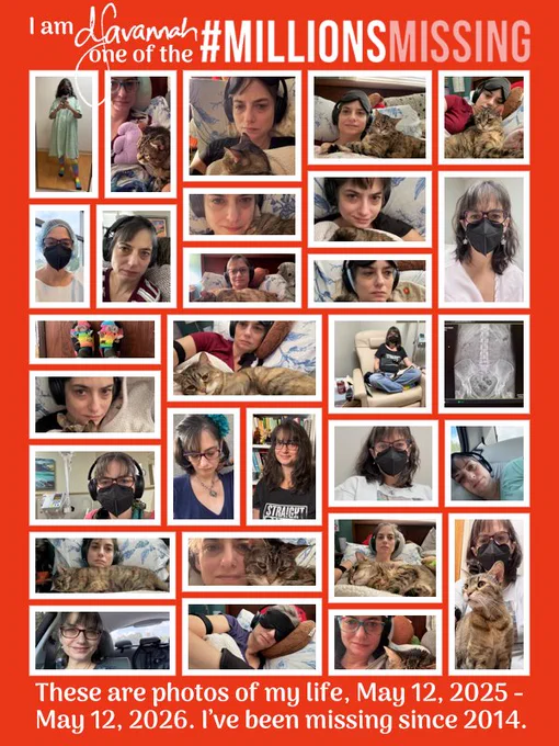 Red frame around 29 photos of white female in various locations - most in her bed with her brown tabby cat, but a few of her at doctors offices and wearing a mask. Words at top say "I am dSavannah, one of the #MillionsMissing." Words at bottom say "These are photos of my life, May 12, 2025 - May 12, 2026. I’ve been missing since 2014."
