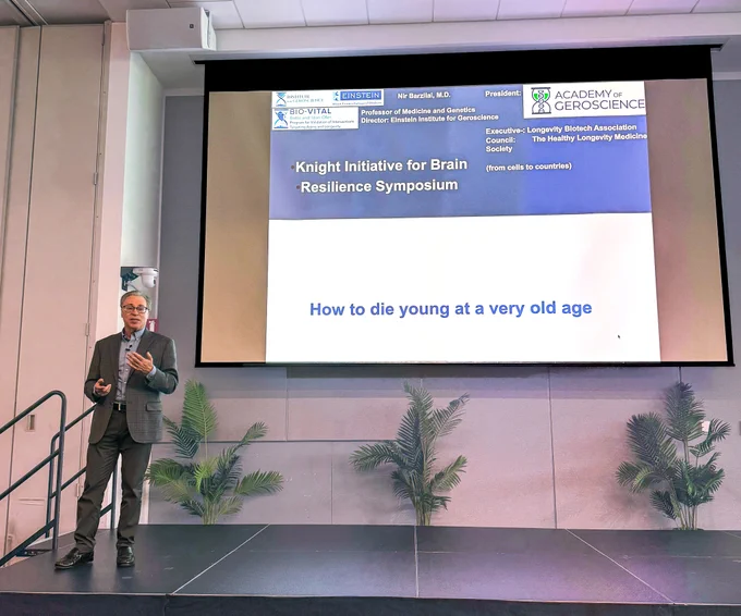Keynote speaker, Nir Barzilai, starts his scientific talk, "How to die young at a very old age."