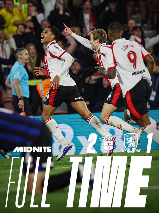 Full time: Saints 2, Middlesbrough 1.