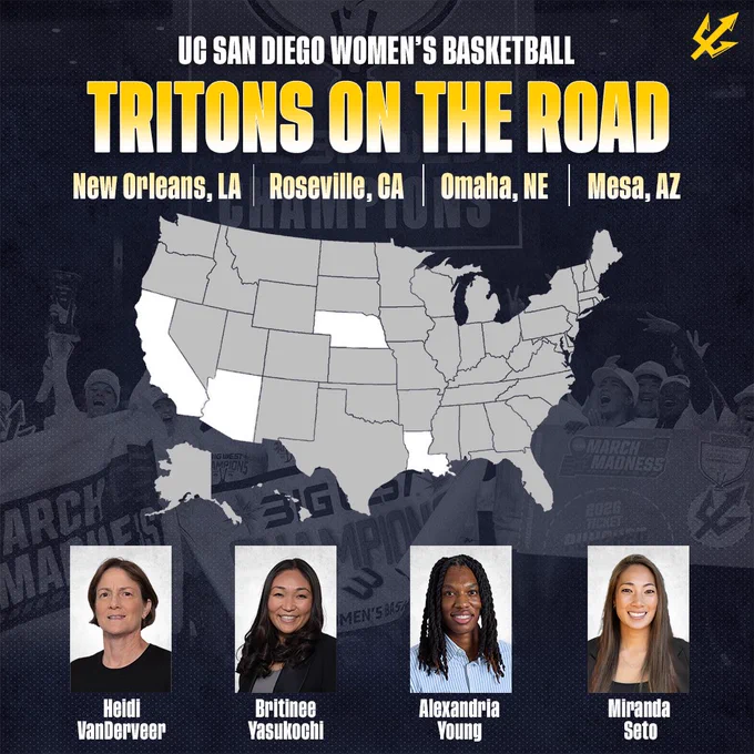 Promotional graphic for UC San Diego women’s basketball titled ‘Tritons on the Road.’ The graphic lists recruiting or travel destinations: New Orleans, Louisiana; Roseville, California; Omaha, Nebraska; and Mesa, Arizona. A U.S. map highlights destination states. Four staff headshots appear along the bottom labeled Heidi VanDerveen, Britinee Yasukochi, Alexandria Young, and Miranda Seto.