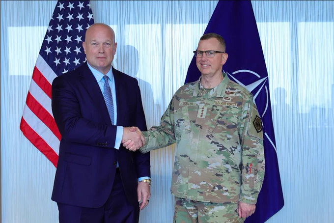 Gen. Gregory Guillot with U.S. Ambassador to NATO Matthew G. Whitaker in Brussels, Belgium.