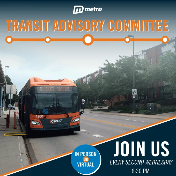 Image of an ORBT bus stopped at an ORBT bus station on the side of the road. "Transit Advisory Committee" is written in orange letters at the top. "Join us every second Wednesday 6:30 PM" written in the bottom right in white text over a blue background. "In person or virtual" written in white on a blue circle in the bottom middle of the photo.