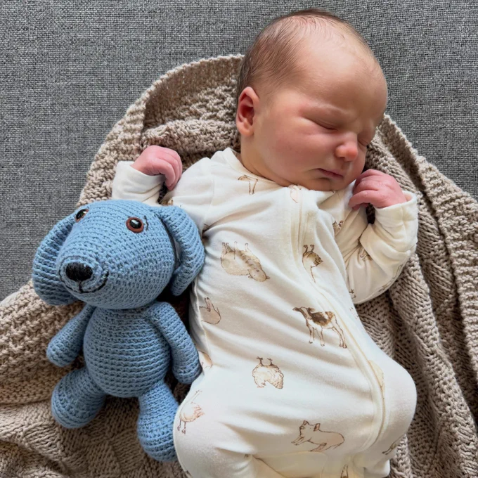 An infant baby in a cream colored onesie with farm animals printed on it, laying on a light brown blanket. A blue stuffed animal is nearby.