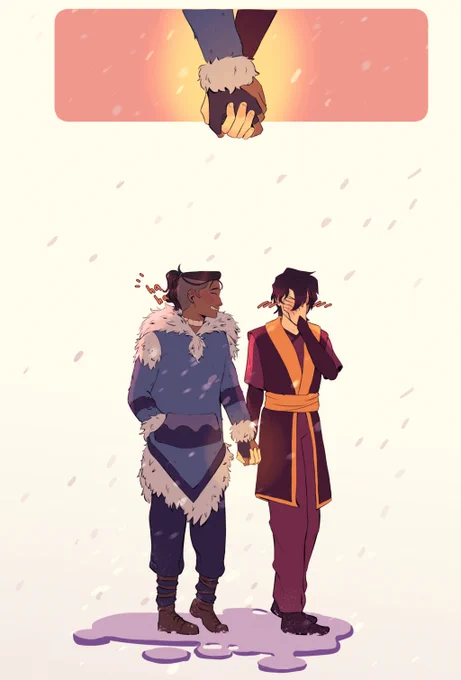 A panel featuring just their hands as they hold hands, with a soft warm glow in the background. 
The final image is the two of them walking and holding hands in the snow. Sokka's grinning wide and laughing, and Zuko's hand is covering his face as he blushes. 