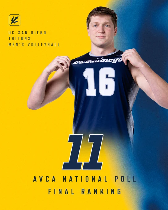 A person wearing a UC San Diego Tritons volleyball jersey with the number 16 is shown. The background displays the UC San Diego Tritons logo and mentions their AVCA National Poll final ranking of 11.