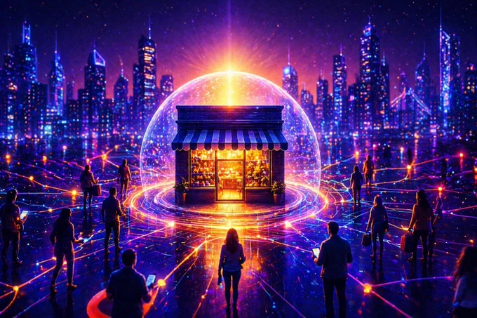 Futuristic digital illustration of a small business storefront glowing at the center of a vibrant neon network, surrounded by connected users in a digital city, symbolizing increased visibility, local discovery, and real customer reach for Kinny List, a Solana-powered Web3 marketplace supporting small business growth.