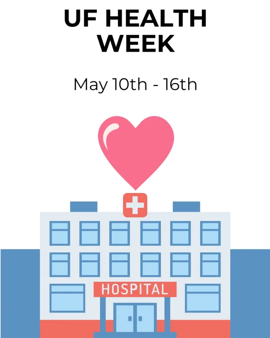 a vector based image of a hospital with a pink heart above it all against a white background. includes text that says UF Health Week May 10th - 16th.