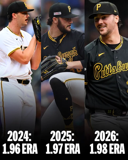 Paul Skenes' ERA by year
2024: 1.96
2025: 1.97
2026: 1.98

Pictured:
2024: Paul Skenes on the mound in a white Pirates uniform.
2025: Paul Skenes mid-delivery while wearing a black Pirates uniform.
2026: Paul Skenes smiling while wearing a black Pirates uniform.