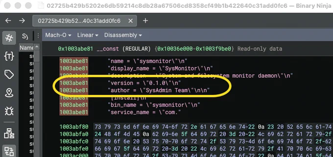Dev forgot to strip TOML defaults from __const:
  -- author = "SysAdmin Team"
  -- service_name = "com.sysmonitor.agent"