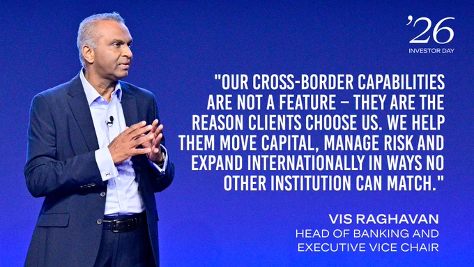 Graphic featuring an image of Vis Raghavan speaking at a podium, the Investor Day logo, Raghavan's title (Head of Banking and Executive Vice Chair) and the following quoted text: \"Our cross-border capabilities are not a feature - they are the reason clients choose us. We help them move capital, manage risk and expand internationally in ways no other institution can match.\"\n