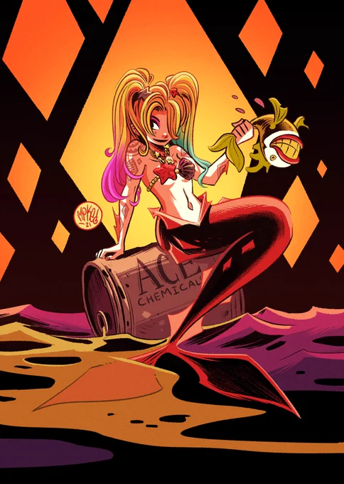Drawing of Harley Quinn sitting on a leaking canister of toxic ACE Chemicals waving a Joker-Fish in her left hand. Oh, and she's a mermaid now! Because why not?