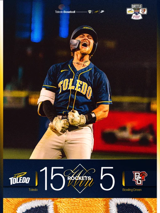 JP Wagner celebrating in a graphic showing Toledo's 15-5 victory over Bowling Green on May 12, 2026.