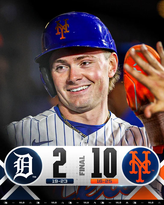 Final Score Graphic 5/12/26
Detroit Tigers 2 (19-23) - New York Mets 10 (16-25)
Pictured: A.J. Ewing smiles in the dugout. He wears a white pinstriped Mets uniform with a blue batting helmet.