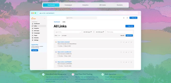 urldn.com link analytics page showing click trends over time, traffic sources, device breakdown, custom domain settings, and QR code generator.