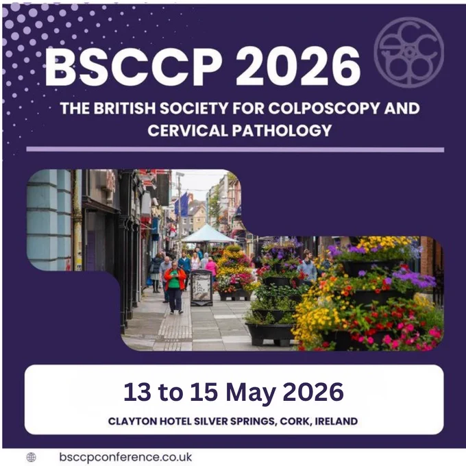 Promotional graphic for BSCCP 2026, the British Society for Colposcopy and Cervical Pathology conference, taking place in Cork from 13 to 15 May 2026.