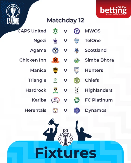 List of football fixtures for Matchday 12 featuring various team matchups, presented graphically with team logos.
