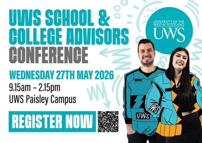 Promotional graphic for the UWS School & College Advisors Conference on Wednesday 27th May 2026 at UWS Paisley Campus. Two people wearing branded clothing smiling, with event details and a QR code to register.