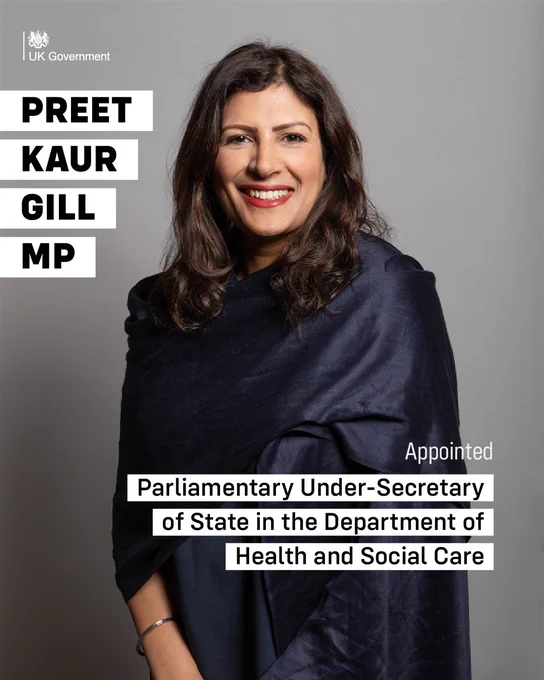 Official parliamentary photo for Preet Kaur Gill MP. HM Government logo. Text reads "Preet Kaur Gill MP Appointed Parliamentary Under-Secretary of State in the Department of Health and Social Care"
