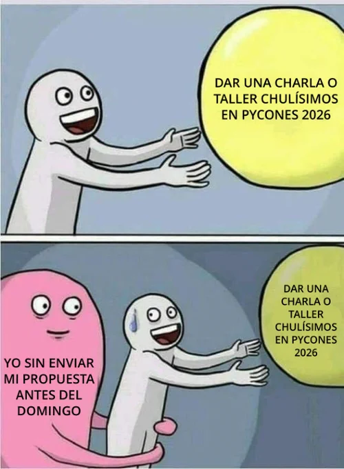 Una persona intenta donar una xerrada a PyConES 2026, però una figura rosa la deté: no va enviar la seva proposta abans del diumenge.