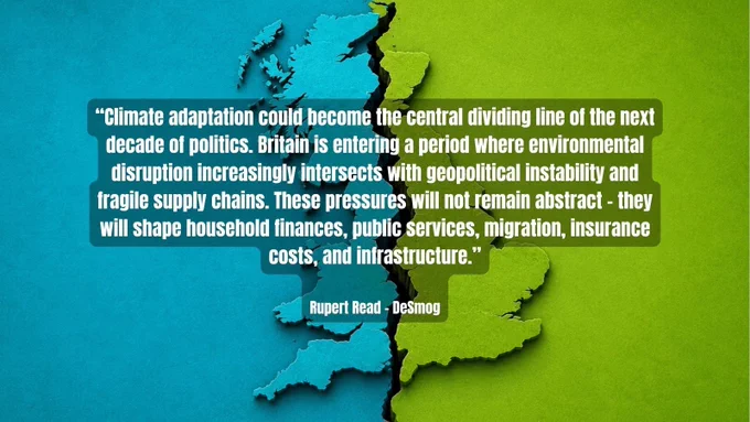 Quote, over the top of a map of Britain sliced in two down the middle, reads: Climate adaptation could become the central dividing line of the next decade of politics. Britain is entering a period where environmental disruption increasingly intersects with geopolitical instability and fragile supply chains. These pressures will not remain abstract – they will shape household finances, public services, migration, insurance costs, and infrastructure.