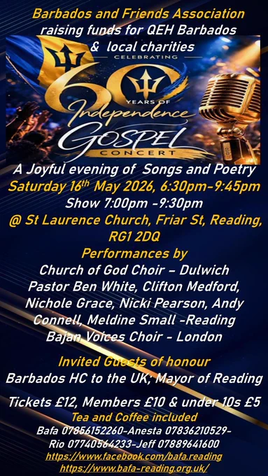 Promotional poster for the Barbados and Friends Association celebrating 60 years of Barbados Independence with a gospel concert. The design features a Barbados flag, a vintage microphone, and blue and gold lighting effects. Text includes event details: Saturday 16 May 2026, evening gospel concert with songs and poetry at St Laurence Church, Reading, with performances by choirs and guest artists, invited guests of honour, ticket prices, and contact information.