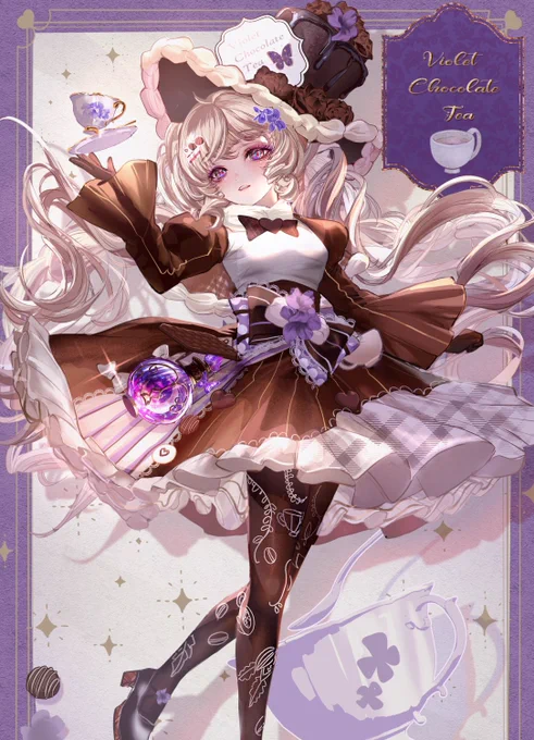 This full-body standing illustration of the original character "Witch Macaron" in a violet chocolate tea witch outfit is depicted in a realistic,
 richly textured oil painting style. Holding a delicate teacup in one hand, she stands gracefully in a dynamic, floating pose. 
She wears a luxurious chocolate brown gothic dress characterized by voluminous sleeves and skirt, accented with violet and gold decorations. 
She has long, flowing blonde hair and captivating violet eyes. 
On her head, she wears a whimsical witch's hat modeled after a chocolate cake decorated with cream and violets.
 The illustration evokes a sweet, 
fairytale gothic fantasy atmosphere with its antique-style light purple frame and cream-colored decorative background.