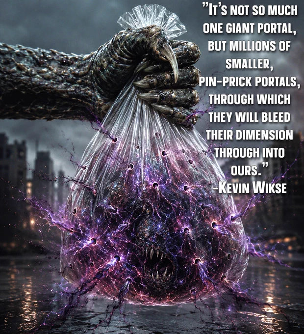 Hyper-realistic sci-fi horror artwork depicting a reptilian alien clawed hand gripping a transparent plastic bag containing a sinister extradimensional reality. The bag is pierced with dozens of tiny holes, allowing dark purple-black energy, tendrils, and corruption to leak into and infect our world. Inside the bag, a monstrous predatory entity presses outward from another dimension as urban civilization decays in the background beneath storm clouds. Symbolic themes include dimensional contamination, invasive realities, interdimensional horror, alien manipulation, membrane breaches, parasitic timelines, psychological warfare, occult science fiction, cosmic corruption, and reality destabilization. Dark cinematic horror concept art in the signature visionary style associated with Kevin Wikse, blending metaphysical symbolism, apocalyptic atmosphere, conspiracy horror aesthetics, and existential dread.
