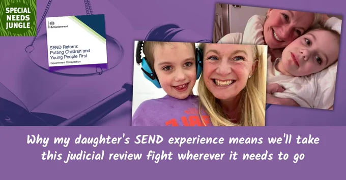 Image shows two pictures of Melissa with long blonde hair in her forties and Jessica, who is wearing protective headphones in one of the shots. the background is a purple colourised scales and gavel with a shot of the DfE's send reform's document cover in one of the scales cups