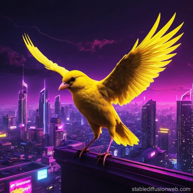 AI generated image by Stable Diffusion: 

Yellow canary spreading its wings, over a night lit skyline of a neon purple hazed cyberpunk city view below its talons.