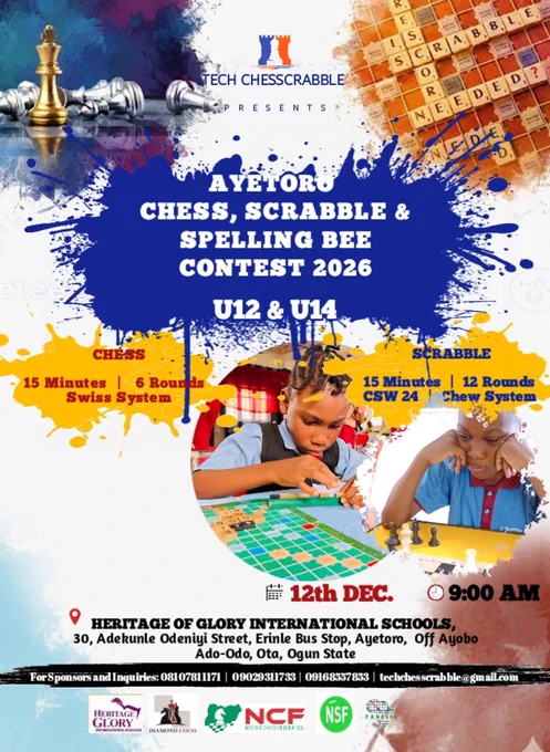 A flyer for chess, scrabble and spelling bee Contest to hold Saturday 12th December, 2026
Seeking for sponsors to empower youths in Ayetoro 
