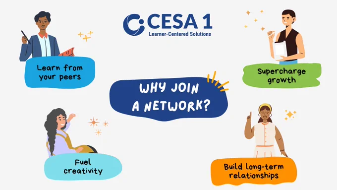 Illustration showing four diverse people with speech bubbles highlighting benefits of joining a network like learning from peers and building relationships.