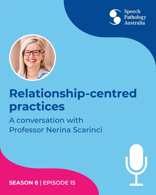 This is a promotional graphic for the Speech Pathology Australia Speak Up podcast Season 8 Episode 15. The heading says 'Relationship-centred practices' with 'A conversation with Professor Nerina Scarinci' below. There is a headshot of the Professor who has blonde long hair and is wearing glasses and a blue shirt.