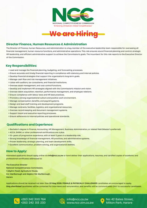 🚨 We are looking for a visionary and results-driven Director of Finance, Human Resources and Administration to join the team and help drive Zimbabwe’s competitiveness agenda forward. 



﻿#ncczim