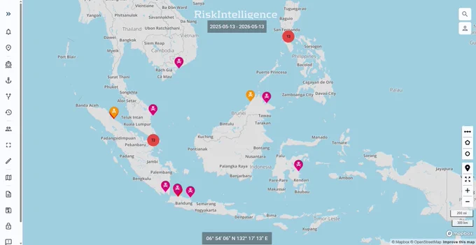 Screenshot from the Risk Intelligence System showing 73% of Southeast Asia boardings occurred on vessels in transit on the Singapore Strait.