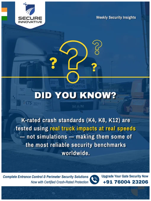 Did You Know? 🚧

K-rated crash standards (K4, K8, K12) are tested using real truck impacts at real speeds — not simulations — making them some of the most reliable security benchmarks worldwide.

💡 Why does it matter?
Every second at your gate impacts security, efficiency, and control.

👉 Upgrade your perimeter security today
📞  91 76004 23206
✉️ info@secure-india.com

🔗 https://secure-india.com/road-blockers.html

🎥 Watch it in action:
https://www.youtube.com/watch?v=3ENH1JED6OI

#DidYouKnow #RoadBlocker #CrashRated #K12 #PerimeterSecurity #SecureInnovative #HighSecurity #InfrastructureProtection
