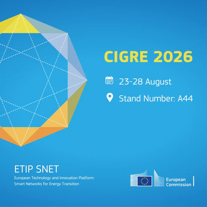 CIGRE 2026 visual showcasing a blue background with text that says '23-28 August. Stand number: A44'. On the bottom left there is the ETIP SNET logo and on the right, the European Commission logo