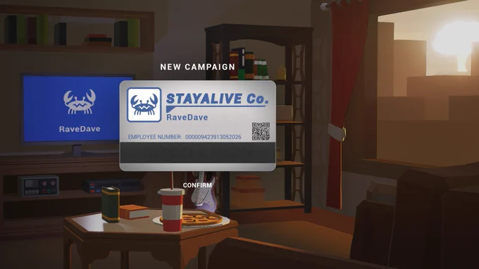 A cozy apartment-like room at sunset with a TV displaying a blue profile screen and a floating employee ID card in the center. The screen reads “NEW CAMPAIGN” and appears to be part of a retro-styled game interface. A table with pizza and drinks sits in the foreground, while warm orange sunlight enters through a window on the right. The ID card includes a player name, company branding, and a QR code with details.