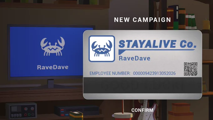 A close-up of a retro-styled campaign entry screen from a video game. A blue monitor on the left displays a crab icon and the player name “RaveDave.” In front of it floats a corporate employee ID card labeled “STAYALIVE Co.” with the same icon, player name, employee number, and a QR code. The background shows a dimly lit apartment interior with shelves, books, and warm sunset lighting.